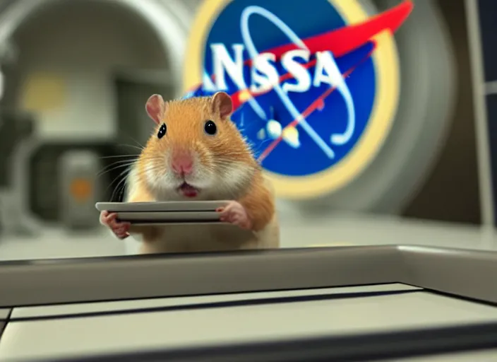 Image similar to film still of a hamster working for mission control at nasa, 8 k