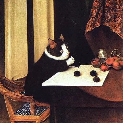 Prompt: a gentleman cat in a suit is eating in a very expensive restaurant, oil painting by Albrecht Dürer, without frame, classical painting, high definition, digital art, matte painting, very detailed