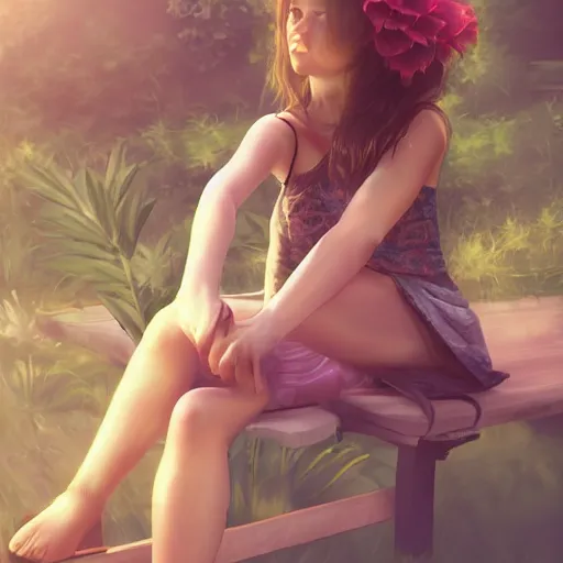 Prompt: hyperquality, photorealism of a teen girl, sitting on a bench wearing a flower skirt, very high quality face and body and hemp sandals, artgerm, artstation, extremely high quality, moody lighting, 8 k