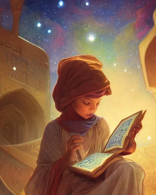 Image similar to bedouin child reading the quran inside of the mosque in the galaxy surrounded by nebula, highly detailed, gold filigree, romantic storybook fantasy, soft cinematic lighting, award, disney concept art watercolor illustration by mandy jurgens and alphonse mucha and alena aenami, pastel color palette, featured on artstation