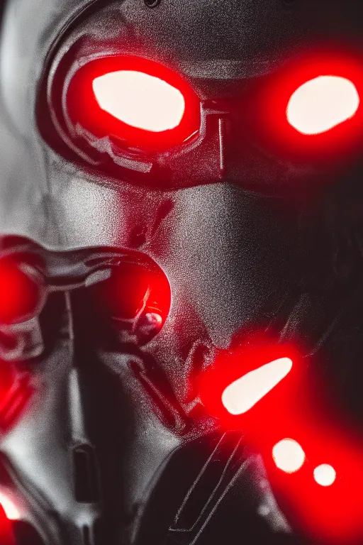 Image similar to closeup shot of a carbon black cyborg, macro shot, dof, cinematic, volumetric lighting, studio shot, red light, 4 k