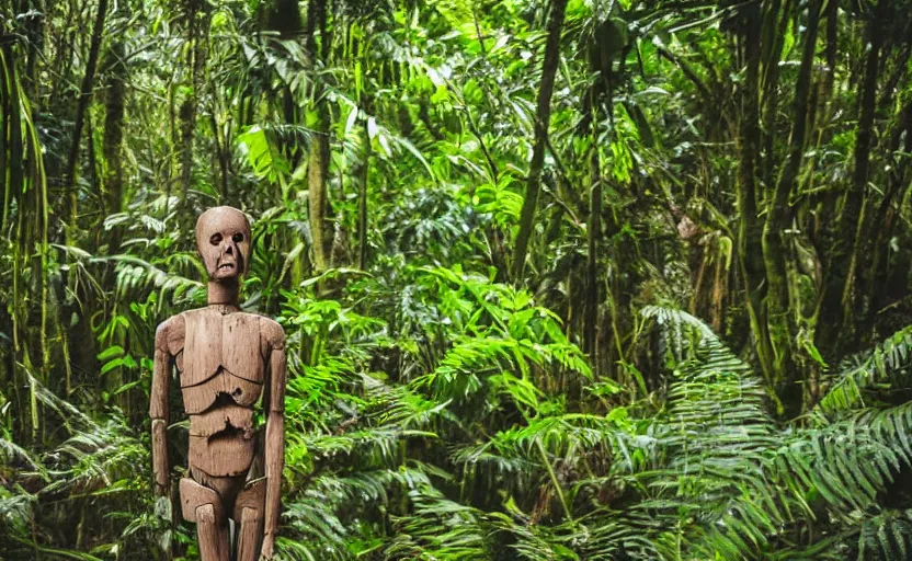 Prompt: a dummy in the rainforest, photography