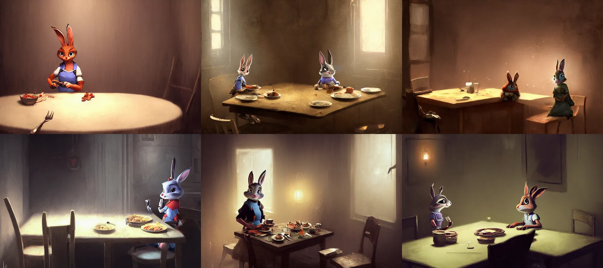 Prompt: judy hopps silent hill eating dinner at a table in the backrooms happiness is temporary by greg rutkowski