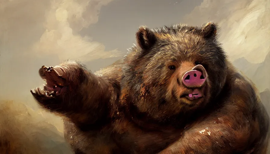 Image similar to highly detailed painting of a half bear half man pig creature by william turner, by greg rutkowski, by william constable, thick brush strokes and visible paint layers, 4 k resolution