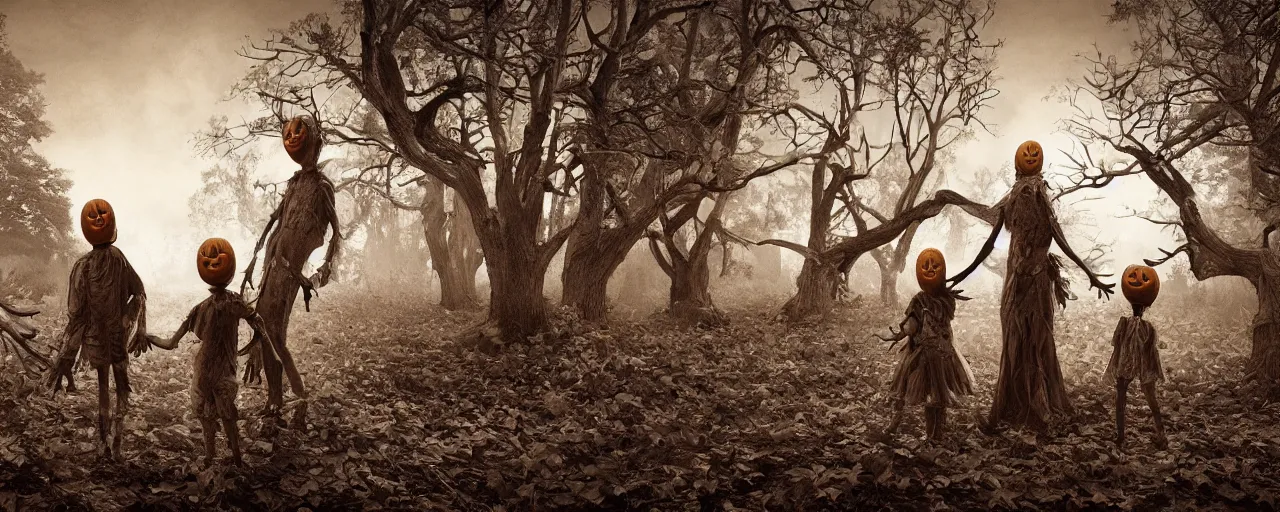 Prompt: a perfect 1950 family wearing pumpkin heads standing in a dead forest, fall season, old world photography, sepia, dead trees, pumpkins, photorealistic, insanely detailed and intricate, epic, volumetric haze, hyper realistic, elegant, ornate, elite, horror, creepy, ominous, haunting, cinematic lighting, metal plate photograph, unreal engine, symmetrical, cinematic centered camera, high detail by Isaac Levitan, Frederic Church and Vasily Perov