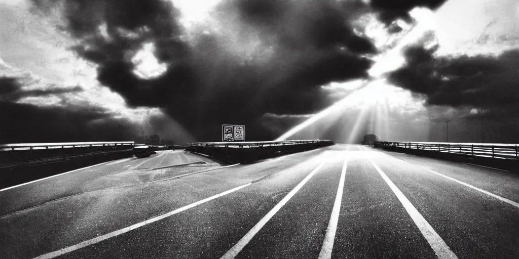 Prompt: Detailed analog polaroid photograph of an empty highway overpass, gigantic clouds visible, high contrast, film grain, lensflare, unreal engine, 8k, azure tones, red color bleed, gigantic neon signs