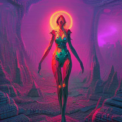 Image similar to fantastic detailed 3 d matte painting of a cyber sorceress, color scheme, by moebius by vanessa lemen by paul lehr by dan mumford