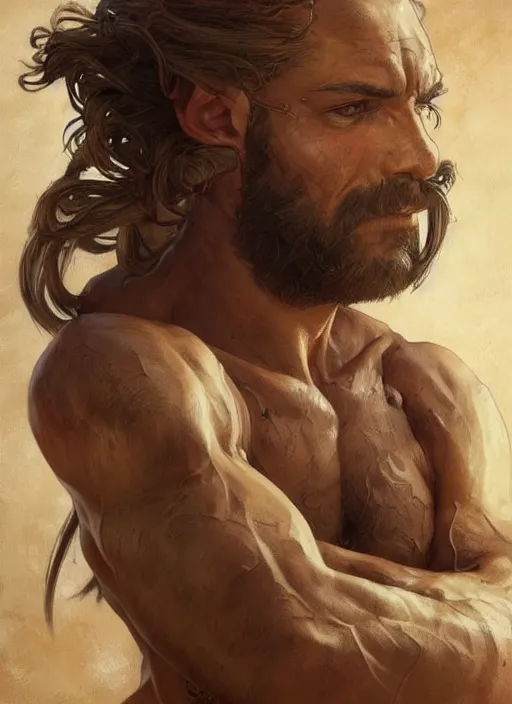 Image similar to Portrait of a rugged warrior, male, man, D&D, muscular, bare thighs, fantasy, intricate, elegant, highly detailed, digital painting, artstation, concept art, smooth, sharp focus, illustration, art by artgerm and greg rutkowski and alphonse mucha