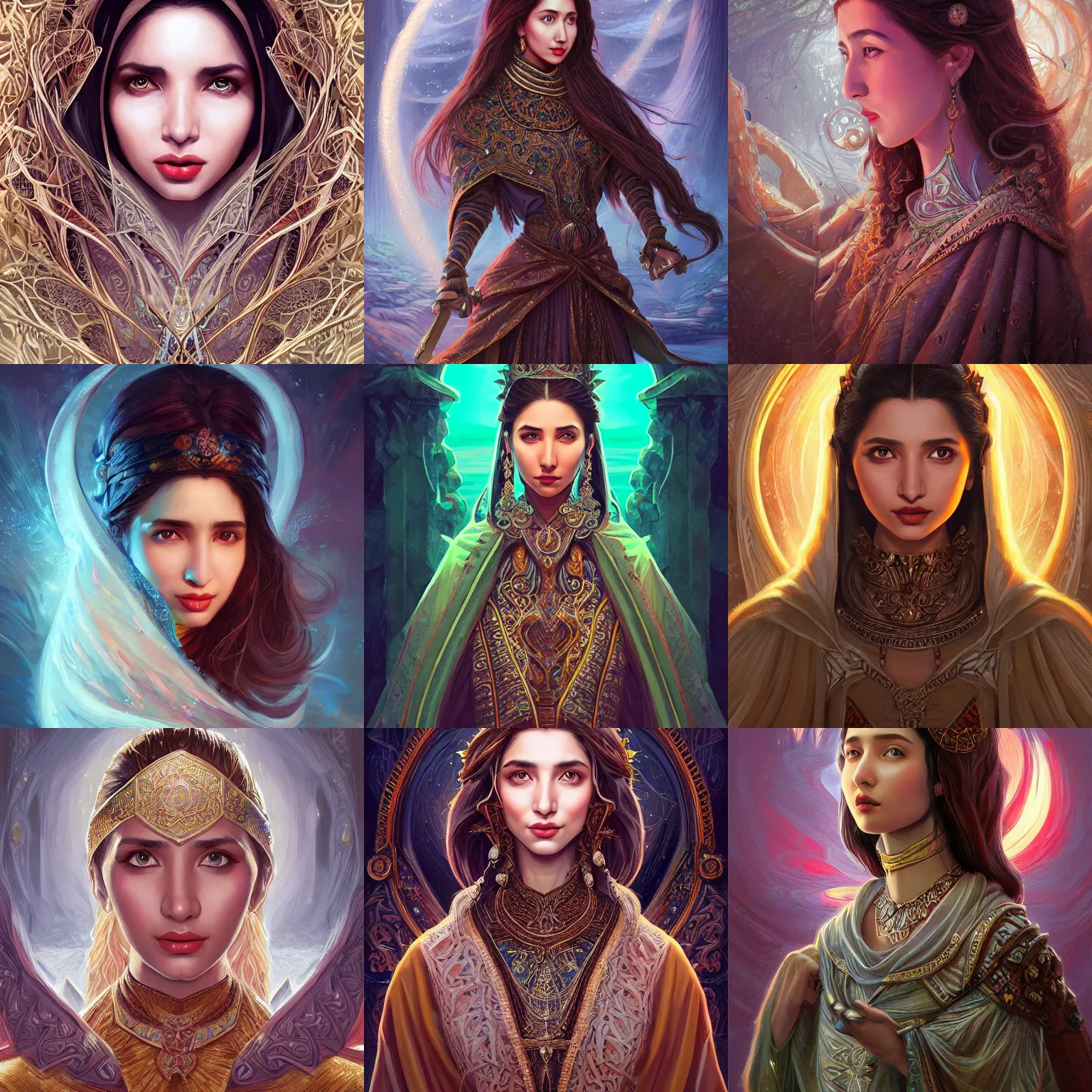 Image similar to head-on centered symmetrical painted portrait, Mahira Khan as a D&D wizard, intricate fantasy robes, fantasy, intricate, elegant, highly detailed, digital painting, smooth, sharp focus, illustration, artstation, in the style of Artgerm and Anna Podedworna and Alex Ross