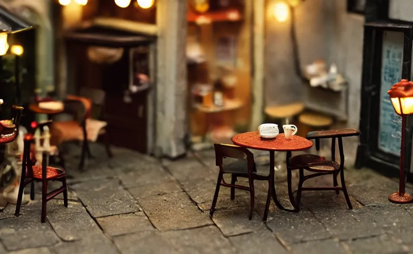 Image similar to miniature cafe dusk diorama macro photography, cafe for mice, alleyway, ambient, atmospheric, british, bokeh, romantic