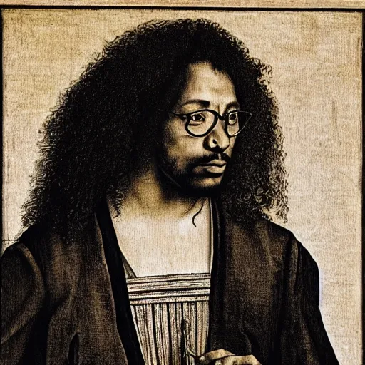 Prompt: cross hatching art of a black man with long curly hair, wearing glasses, holding a electric guitar. profile picture by Albrecht Durer, asymmetrical, Organic Painting, Matte Painting, in the style of Albrecht Durer