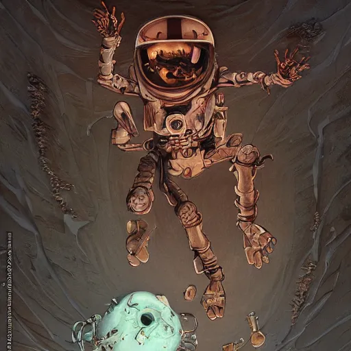 Prompt: skeleton astronaut breaking through a brick wall like the koolaid man, illustration, art by artgerm and greg rutkowski and alphonse mucha