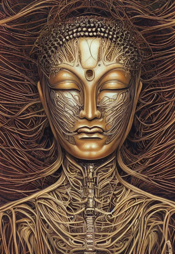 Image similar to perfectly centered portrait, front view of a beautiful biomechanical alien android robot buddha, female, flowing hair, intense stare, sarcastic smile, symmetrical, concept art, intricate detail, volumetric shadows and lighting, realistic oil painting by alex grey and gustave dore,