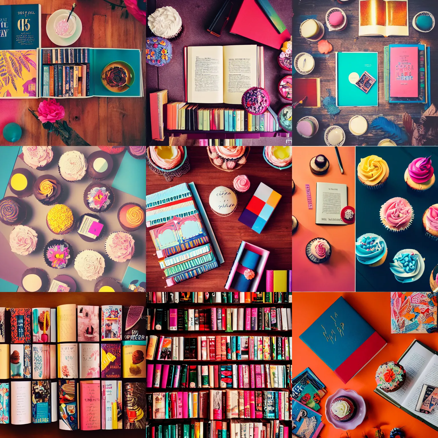 Prompt: flatlay book collection, vivid colors, dramatic lighting, cupcake