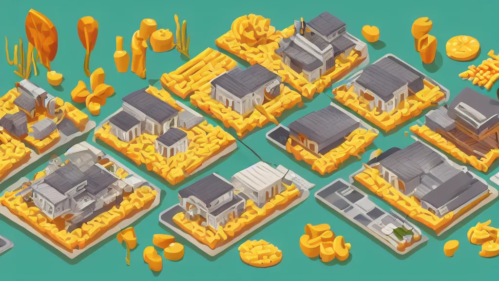 Image similar to mac and cheese humble isometric tuna village / city setting