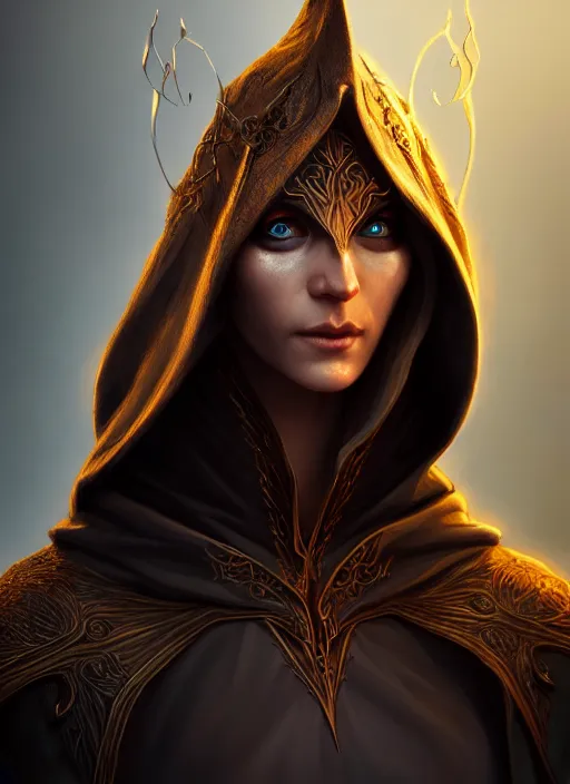 Prompt: a hooded elven mage with a surprised expression, intricate, highly detailed, digital painting, artstation, concept art, smooth, sharp focus, illustration, unreal engine 5, 8 k, art by giorgio baroni