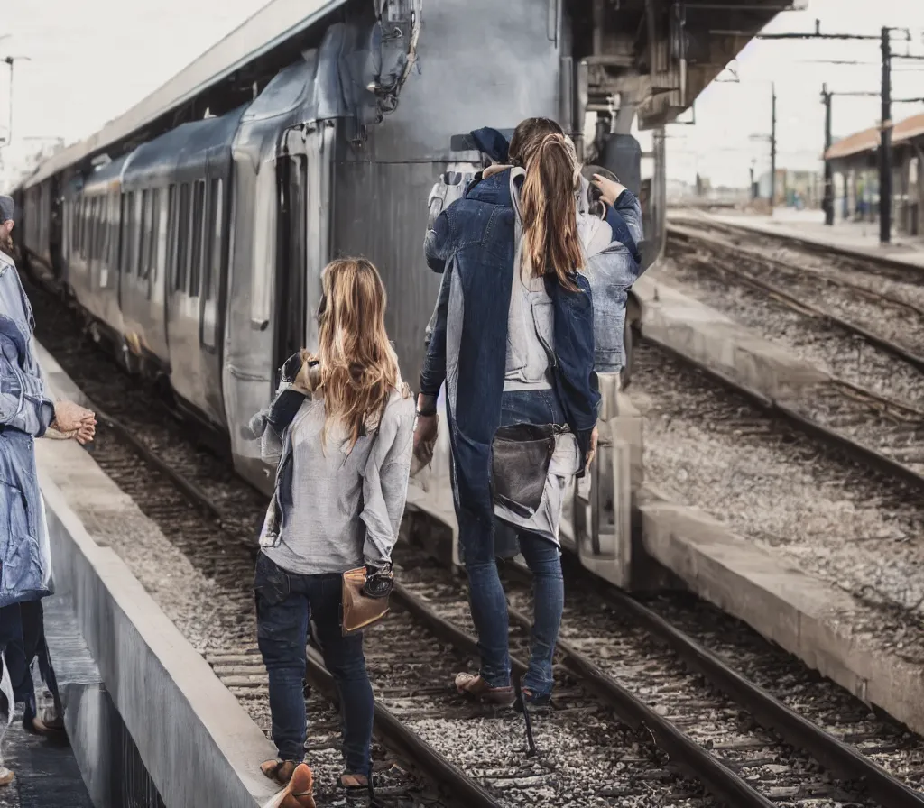 Prompt: A man and a woman wait for a train on a platform facing the camera trains in the background, morning hard light, high quality photography