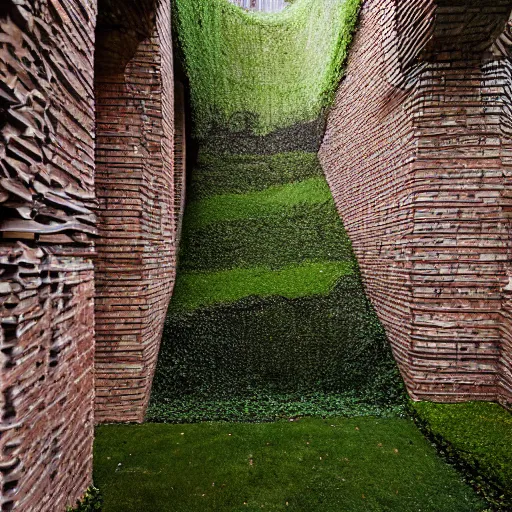 Image similar to courtyard complex of a labyrinthine monastary made of fractal resursively stacked bricks, fusion of carlo scarpa and thomas heatherwick, moss and ivy growing on the bricks, architectural photography