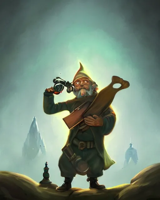 Prompt: male gnome spy, fantasy portrait, playing a magical mandolin, shadowy figure by peter mohrbacher, artstation