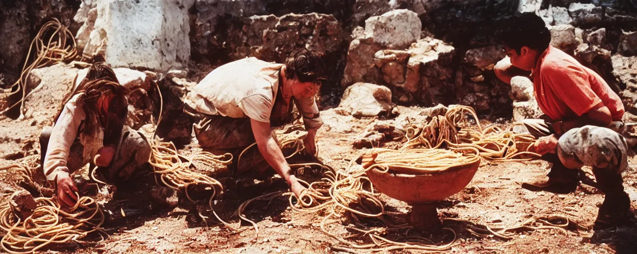 Image similar to archaeologists discovering ancient spaghetti, canon 5 0 mm, super detailed face, facial expression, cinematic lighting, photography, retro, film, kodachrome