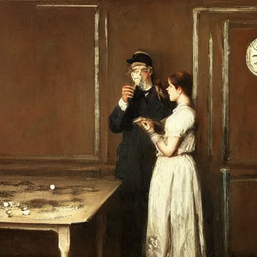 Image similar to a young man and a young woman solving an escape room puzzle, mysterious markings on the wall, by alfred stevens