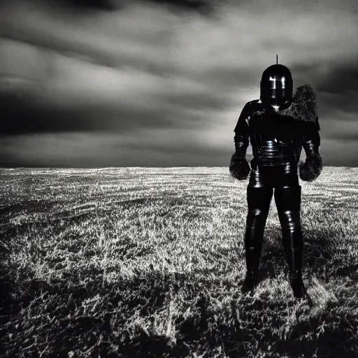 Prompt: photograph of a man clad in shining black metallic armor holding a piece of back wool, standing in front of a nuclear wasteland at night