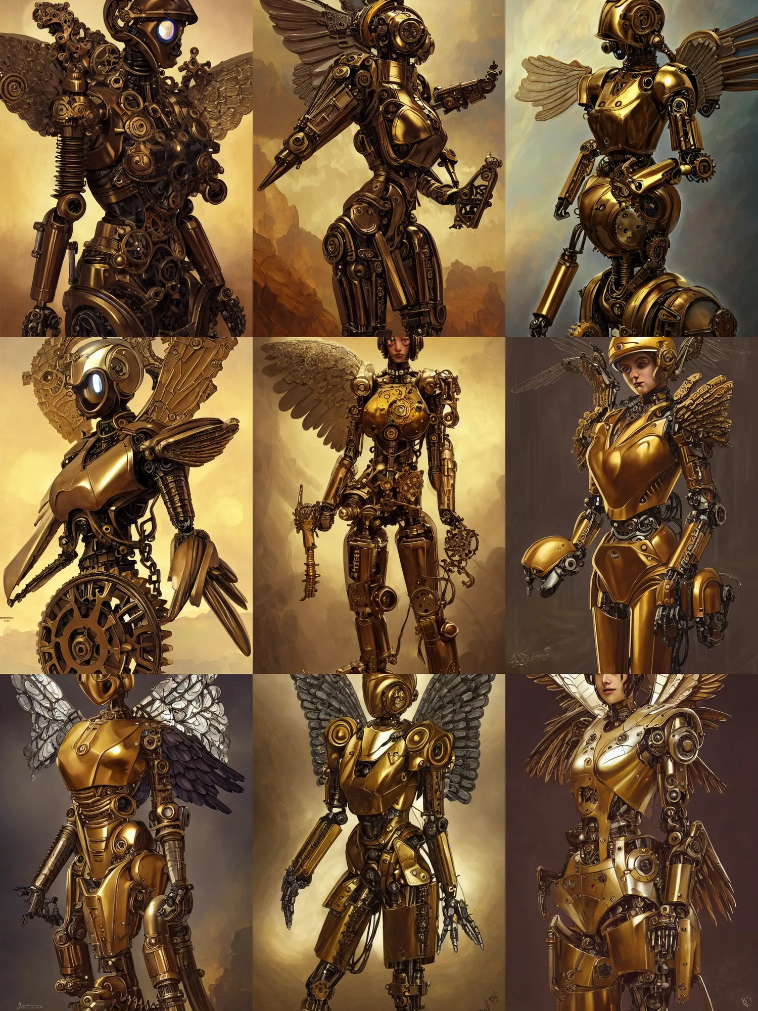 Image similar to picture of robot angel, female - looking, armor, helmet, steampunk tech, ornamental gears and cranks, brown and gold, grimdark, wings, digital painting, highly detailed, smooth, sharp contrast, digital paintin, by artgerm and greg rutkowski and alphonse mucha, comic book cover art