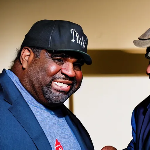 Prompt: patrice o'neal and donald trump shaking hands while smiling and laughing, ultra realistic, 8 k, photorealistic