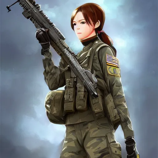 Image similar to anime girl in a united states army special forces uniform, digital art, portrait, krenz cushart, christopher balaskas