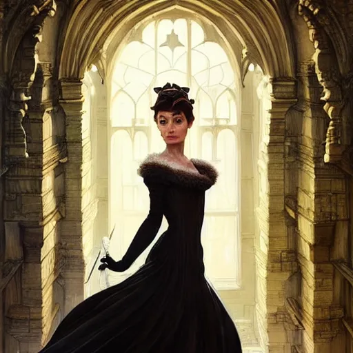 Prompt: audrey hepburn in an epic victorian novel, inside castle, intricate, elegant, highly detailed, digital painting, artstation, matte, illustration, art by artgerm, greg rutkowski, loish, rhads, ferdinand knab, makoto shinkai, lois van baarle, ilya kuvshinov, rossdraws, tom bagshaw