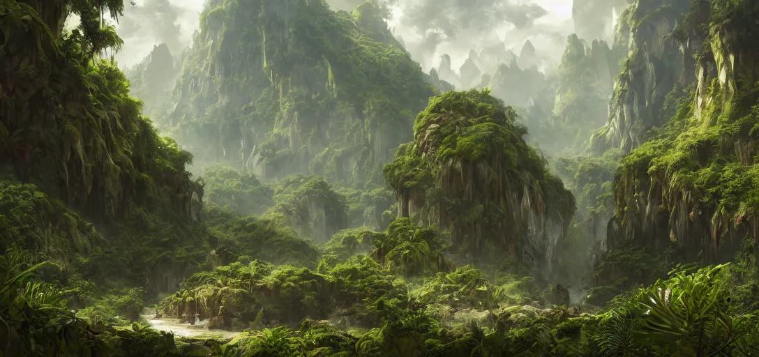 Image similar to the lost valley, rock arcs, lush vegetation, exotic forrest and plants, landscape, alex ross, eddie mendoza, raphael lacoste, sebastian ludke, concept art, matte painting, highly detailed, rule of thirds, dynamic lighting, cinematic, detailed, magnificiant landscape, denoised, centerd