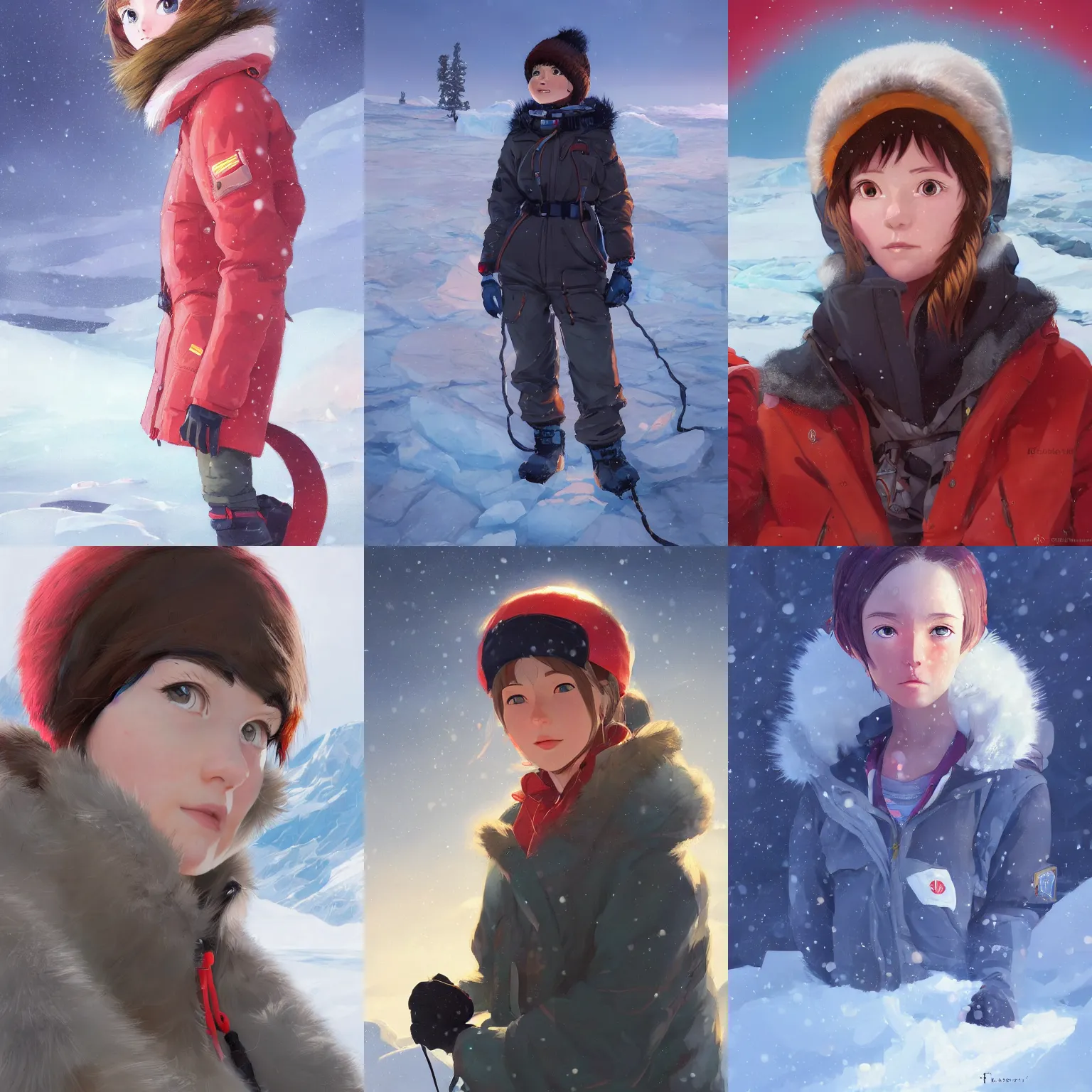 Prompt: a portrait of a cute female polar explorer, outdoors setting, vivid colors, soft lighting, atmospheric, cinematic, moody, in the style of Ilya Kuvshinov and Range Murata, Krenz Cushart, rule of thirds, oil on canvas, 8k