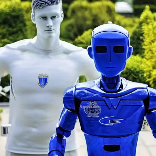 Image similar to a realistic detailed photo of a guy who is an attractive humanoid who is half robot and half humanoid, who is a male android, soccer player martin ødegaard, shiny skin, posing like a statue, blank stare, by the pool, on display, showing off his muscles, humanoid robot, frozen ice statue