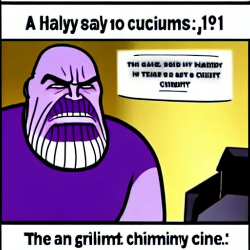 Image similar to thanos sad because he is in court for his crimes, the judge finds him guilty