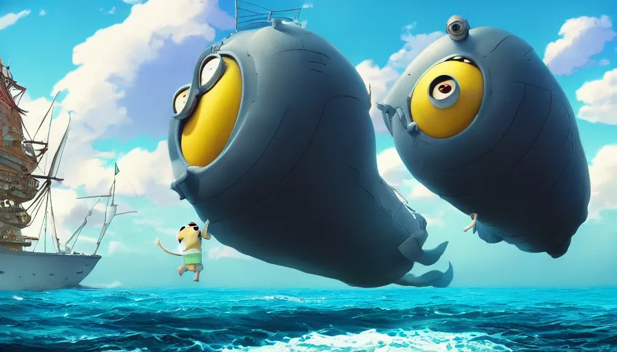 Image similar to A highly detailed matte painting of huge Minion in the ocean, by Studio Ghibli, Makoto Shinkai, by Artgerm, by beeple, volumetric lighting, octane render, 4K resolution, trending on artstation, masterpiece