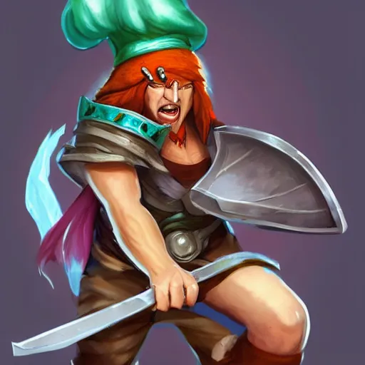 Image similar to league of legends champion angry spoon wielding barbarian wearing chef's hat, detailed, league of legends