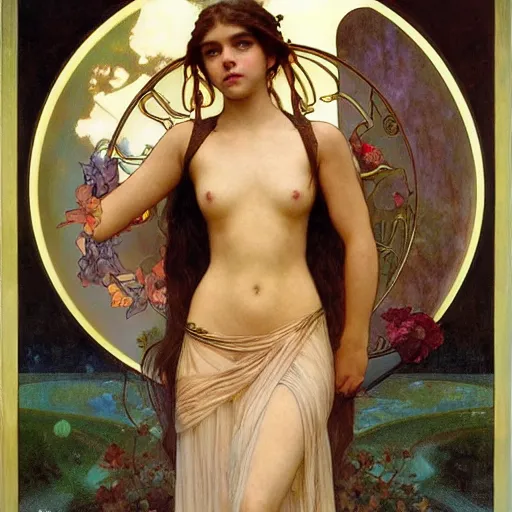 Prompt: detailed portrait art nouveau painting of the goddess of the moon, backlit, who resembles cyborg Anya Taylor Joy, Chloe Grace Moretz, and Emma Watson with anxious, piercing eyes, by Alphonse Mucha, Michael Whelan, William Adolphe Bouguereau, John Williams Waterhouse,and Donato Giancola