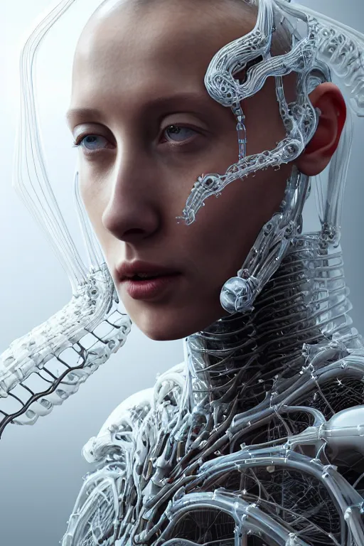 Prompt: young woman, iris van herpen, beautiful face, perfect symmetrical body, full body shot, inflateble shapes, wires, tubes, veins, jellyfish, white biomechanical details, wearing epic bionic cyborg implants, masterpiece, intricate, biopunk, vogue, highly detailed, artstation, concept art, cyberpunk, octane render