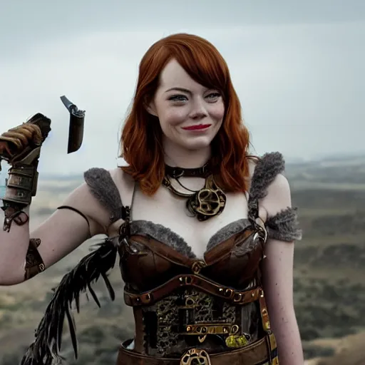 Prompt: long shot photo of emma stone as a steampunk amazon warrior