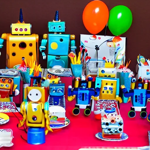 Prompt: robots having a cool party birthday party, highly detailed