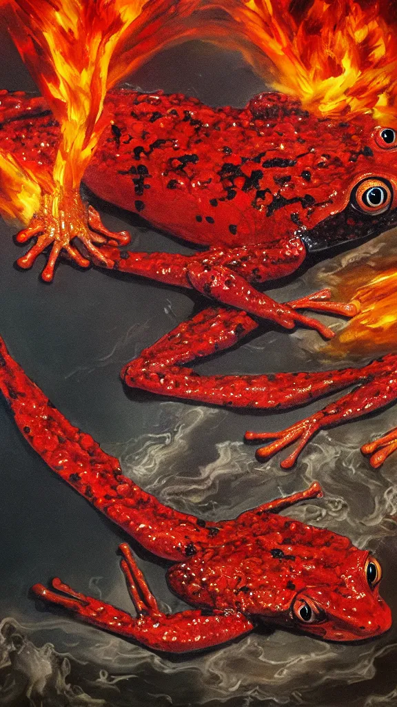 Image similar to giant red frog with giant dragonfly wings flying over a city in flames, photorealism, oil paint, renaissance, 8 k, high detail whide shot