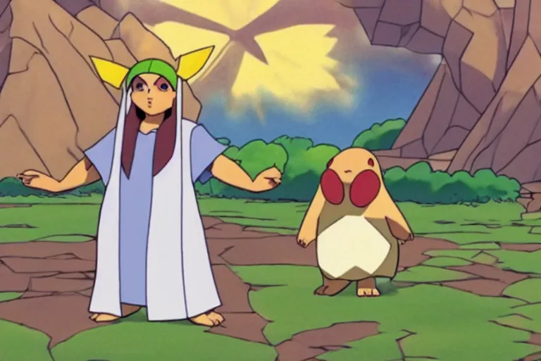 Prompt: “ a still of a jesus pokemon in the pokemon animated series ”