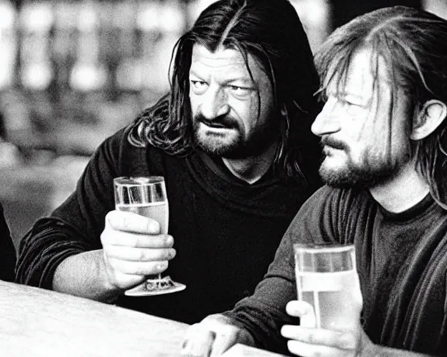 Image similar to Ned Stark and Boromir drinking beer in a pub, Film still, high detail
