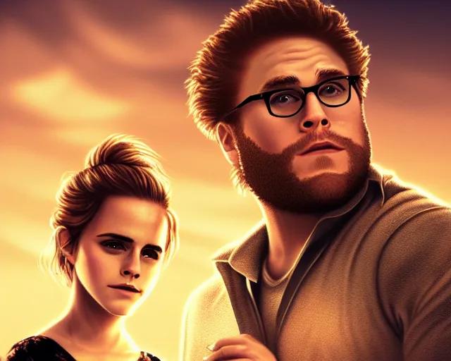 Prompt: seth rogan and emma watson in a peaceful wasteland, golden hour, digital art, loving embrace, by sharandula trending on artstation