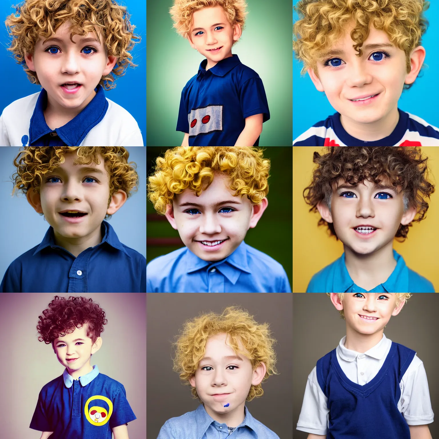 Prompt: A medium shot anime portrait of a little smiling anime boy with extremely short curly wavy light blonde hair and blue eyes, buzzed sides, blue-eyed, chubby face, very young, little boy, medium shot portrait, curly and short top hair, curls on top of his head, his whole head fits in the frame, collared shirt, solid color background, flat anime style shading, head shot, 2d digital anime drawing by Stanley Artgerm Lau, WLOP, Rossdraws, James Jean, Andrei Riabovitchev, Marc Simonetti, and Sakimi chan, trending on artstation