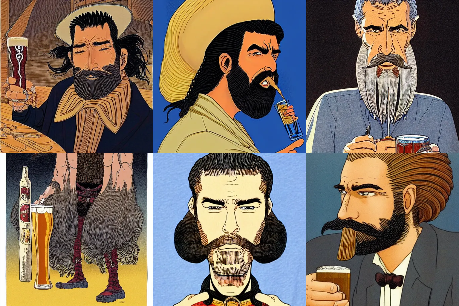 Prompt: Jean Giraud style long black forked braid beard thick eyebrows man with black hair drinking a pint of beer
