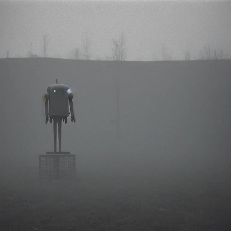 Image similar to a sole angular lanky liminal observer droid, in a brutalist yet rural landscape by simon stalenhag, 3 5 mm film photography, dawn, eerie fog