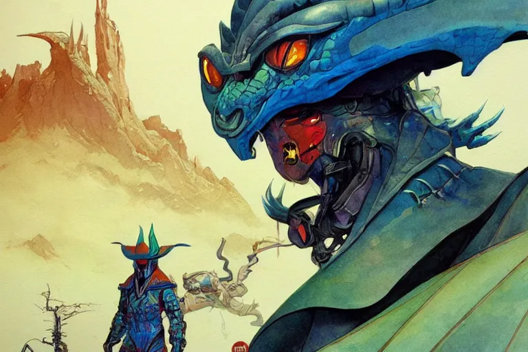 Image similar to wide angle on fantasy dragon lama rider with hood or hat, scifi, art by moebius or juan gimenez, in watercolor gouache detailed paintings, in style of syd mead, colorful comics style, artstation