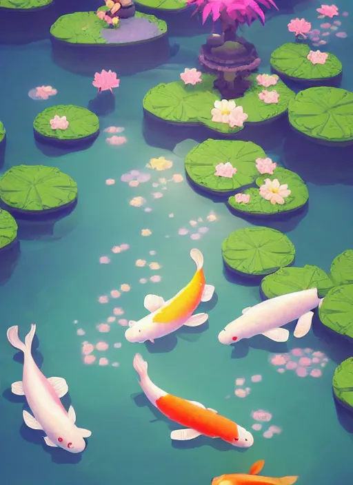 Image similar to sparkling pastel cute voxel art of a koi pond, behance, artstation, cute, Japanese, 3d render, unity, beautiful lighting, extremely beautiful, very beautiful award winning art Huang Guangjian and Gil Elvgren and Sachin Teng , Greg Manchess