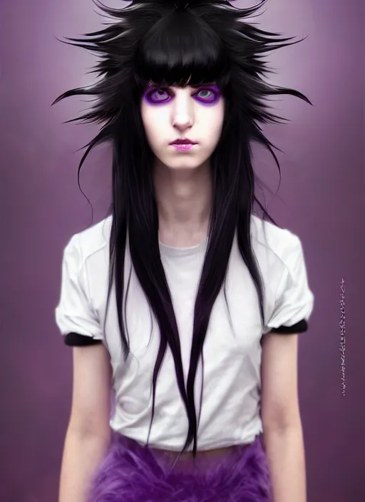 Image similar to hair blackbangs hair, white cyberlox, portrait of normal teenage girl, normal face, black bangs, messy bangs, fluffy bangs, cyberlox, whitebangs, red contact lenses, purple background, intricate, elegant, highly detailed, digital painting, artstation, concept art, sharp focus, smooth, illustration, art by wlop, mars ravelo and greg rutkowski